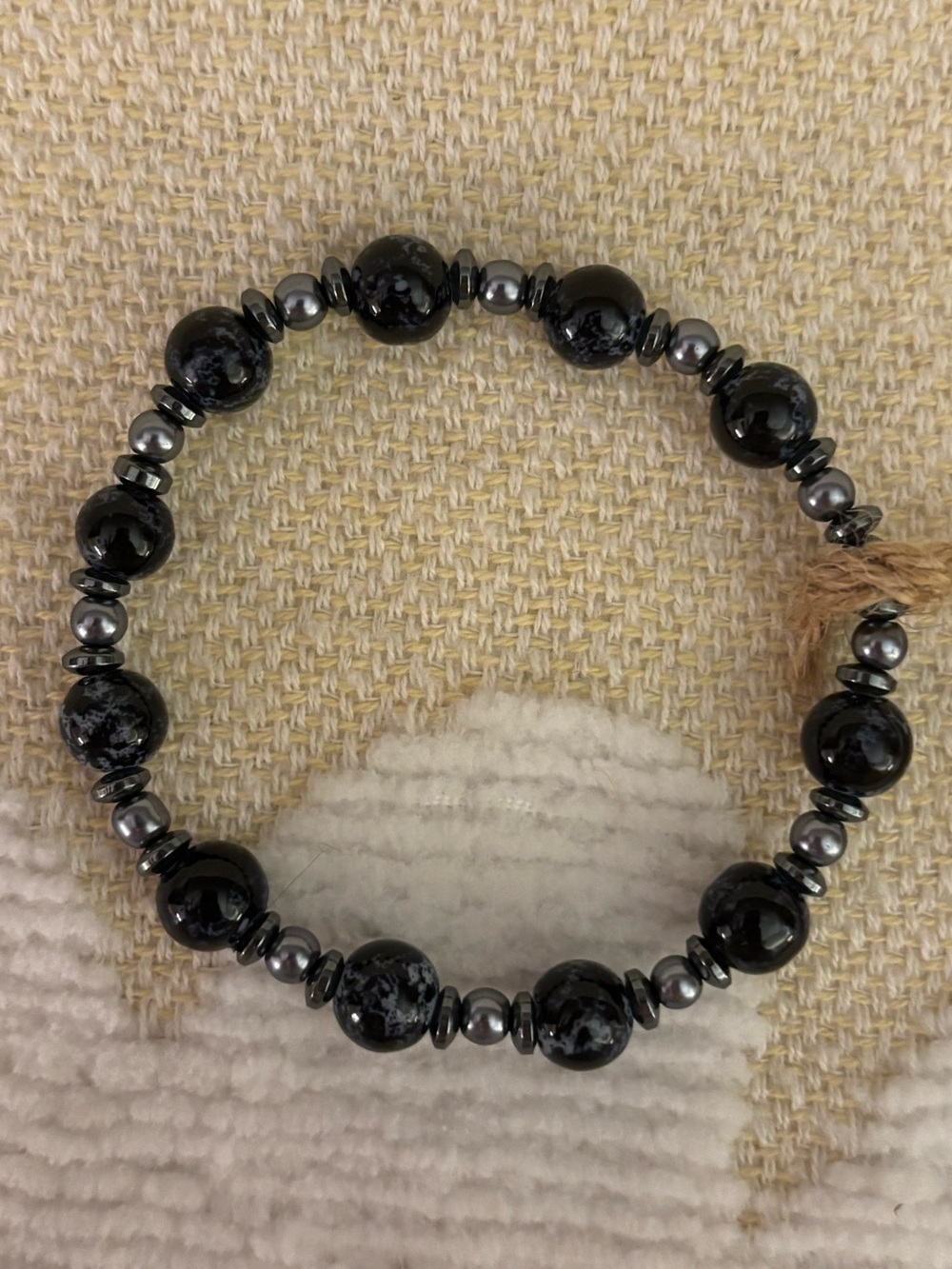 Black Beaded Stretch Bracelet with Hematite Accents